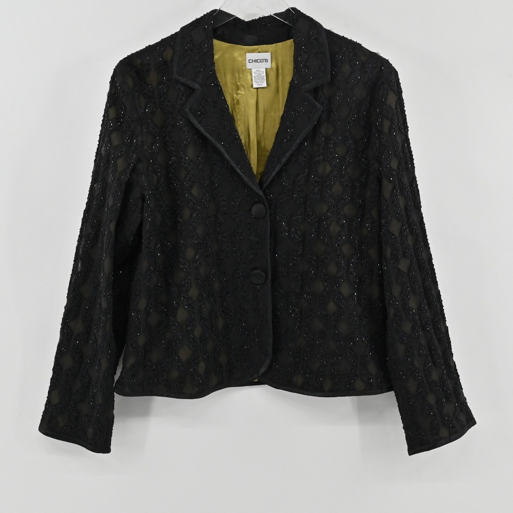 Chicos Beaded Diamond Lattice Blazer Womens Size 2 L Black Cotton Formal Jacket
